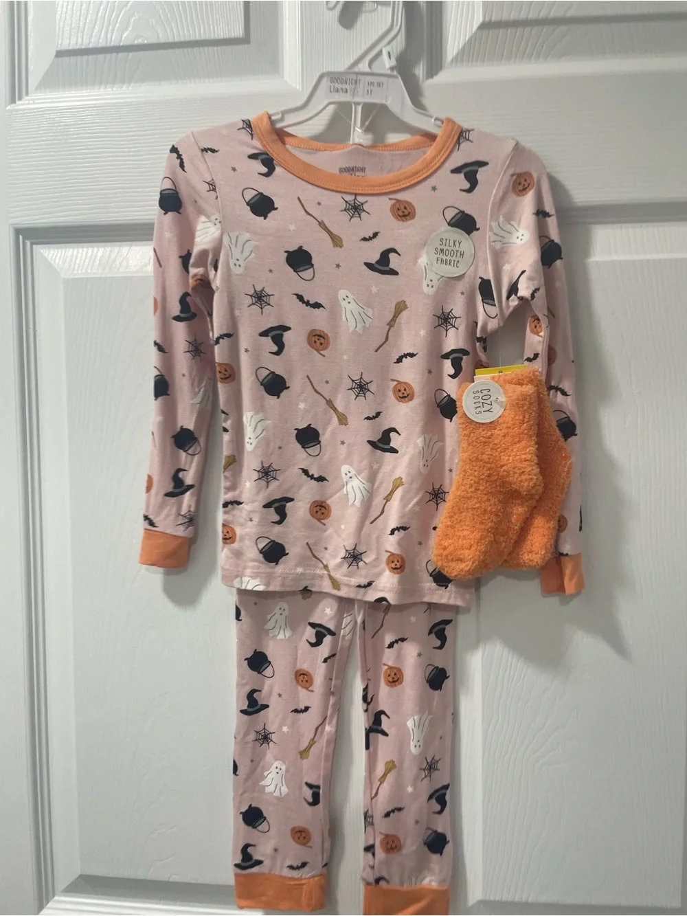 Pink Halloween-Print Kids Pajama Set with Orange Trim